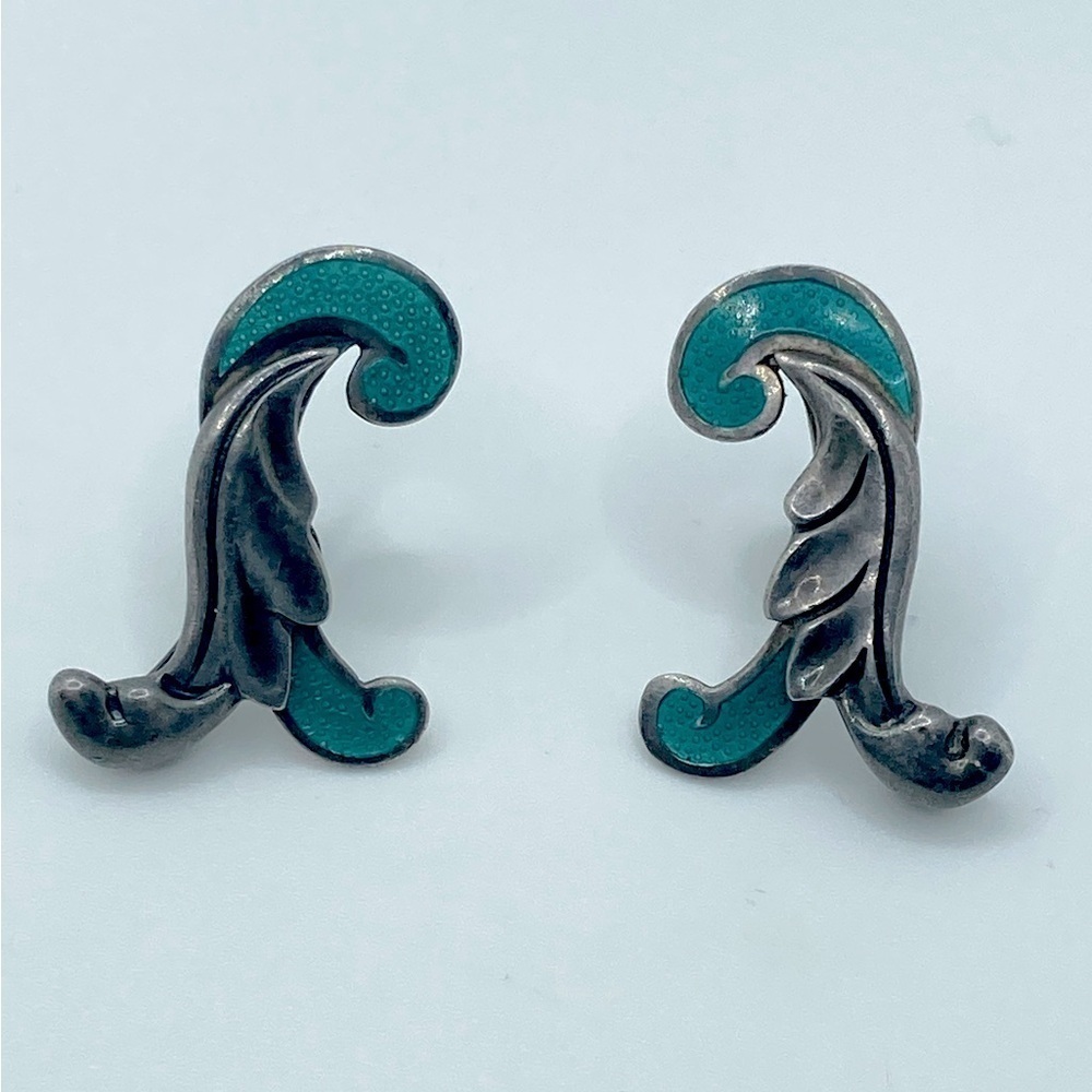 𝅺vtg Margot De Taxco Sterling Green Enamel Screw Clip On Earrings 1.2”